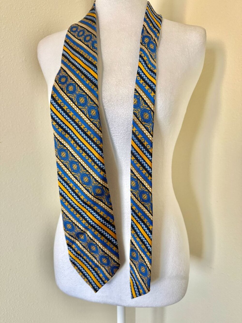 Vintage Mid Century Tie In Blue And Gold Diagonal Stripes